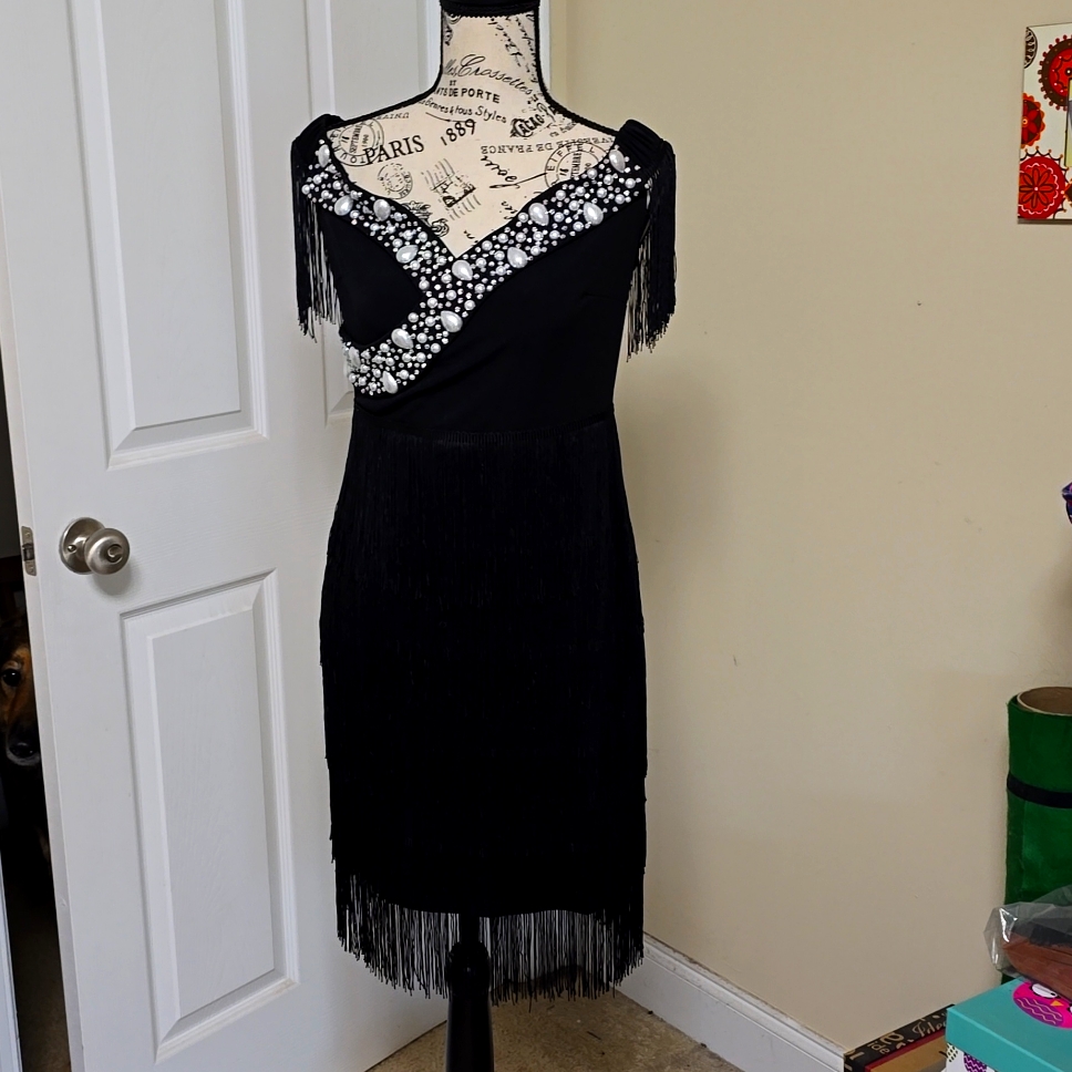 Custom Jeweled Black Fringe Rhythm/Latin/Salsa Dress